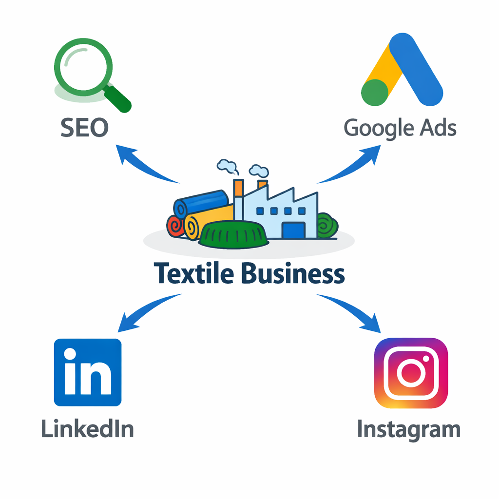 "7 digital marketing strategies SEO Google Ads LinkedIn Instagram for textile business Ahmedabad"