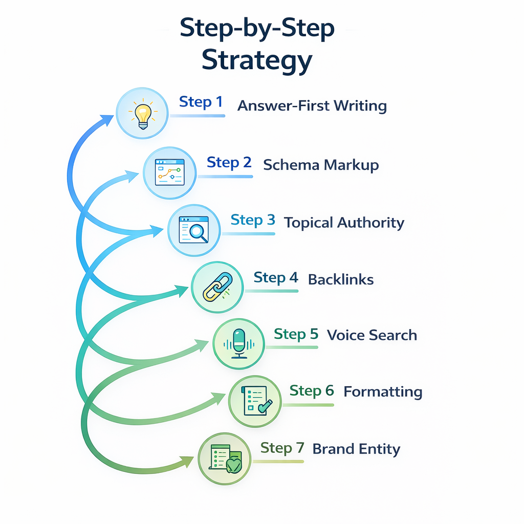 "7 steps to optimize content for AI search results GEO AEO strategy answer-first writing schema markup topical authority 2026"