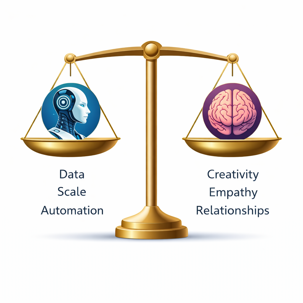 Balanced scale illustration showing AI automation on one side and human creativity empathy and relationships on the other