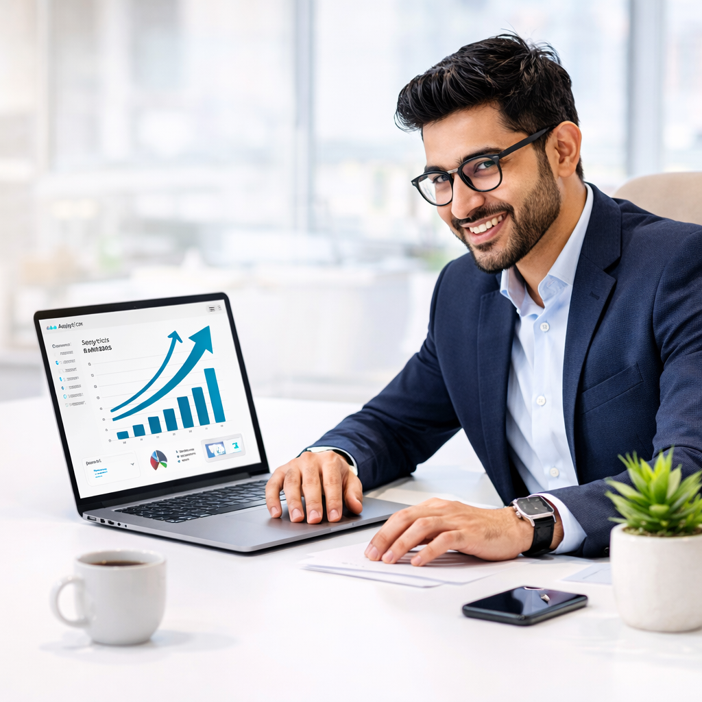 "confident business owner laptop analytics growth chart AI search optimization results digital marketing 2026"