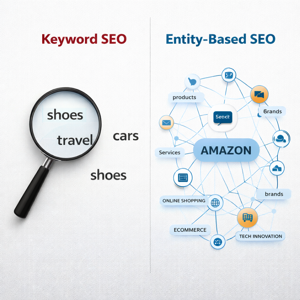Infographic explaining the difference between traditional keyword SEO and entity-based SEO using connected topics and knowledge graph concepts.