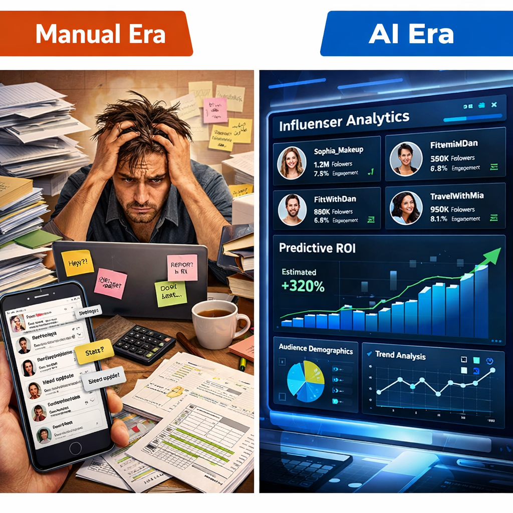 Split screen illustration comparing manual influencer marketing management with a modern AI powered influencer analytics dashboard