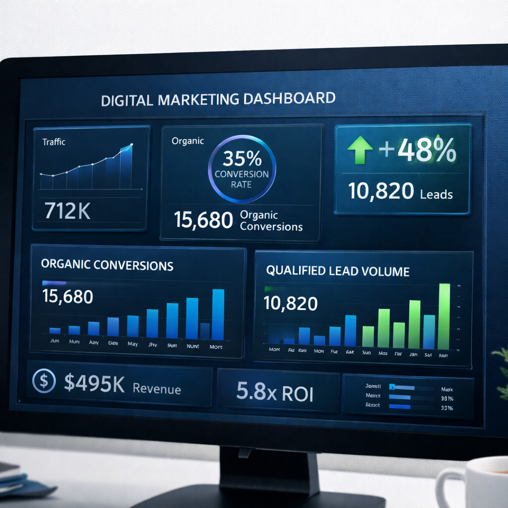 Digital marketing analytics dashboard tracking SEO ROI, organic conversions, and qualified lead volume instead of only website traffic.