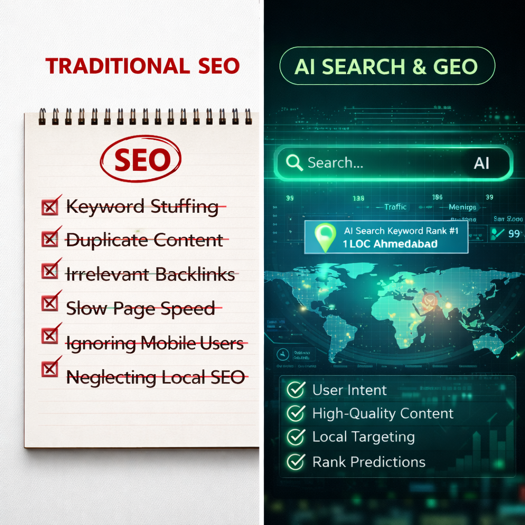 The evolution of search engines showing traditional SEO mistakes crossed out and modern AI Search and GEO optimization dashboard used in 2026.